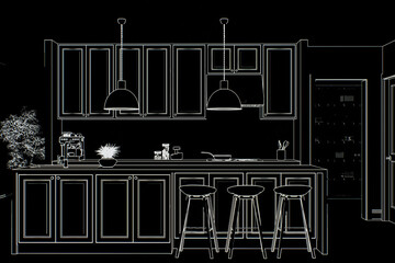 Painted kitchen on black canvas with island and appliances.