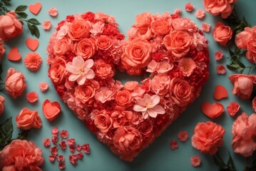 Heart made of beautiful flowers on color background. Valentine's Day celebration