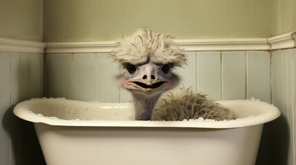 Ostrich sitting in bathtub