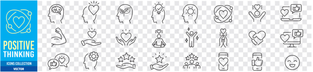 Positive thinking Psychology Friendship Partnership Peace Charity editable stroke line icons collection vector