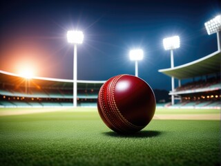 cricket ball on green grass field, illuminated night stadium in background - obrazy, fototapety, plakaty