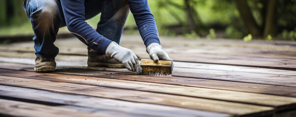 Hands detail of restore wooden terrace. wide banner