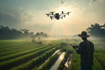 Fototapeta na wymiar Farmer spraying his crops using a drone, aesthetic look
