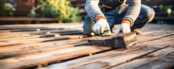 Hands detail of restore wooden terrace. wide banner