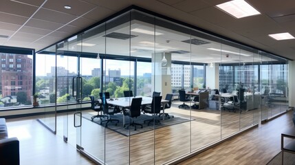 A panoramic view of an office floor with glass partitions