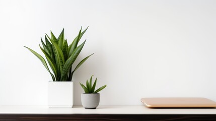 A minimalist office cubicle with a plant on the desk