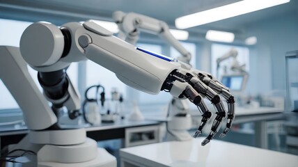Fototapeta na wymiar 医学の研究と製薬。研究室のロボット アーム｜Medical research and pharmaceuticals. Laboratory robotic arm. Generative AI