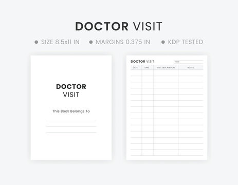 Doctor Visit Tracker Note Template, Printable Doctor Visitation Log Book KDP Interior Letter Size Planner 