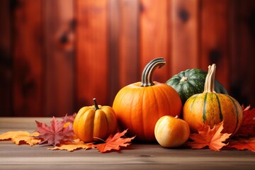 pumpkins and autumn leaves on wooden background