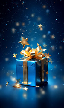 blau glänzendes Geschenk mit goldenen Schleifband
