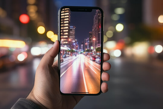Close up of person hand holding smartphone that is shooting cityscape video in background of blurred city. Travel concept of vacation and holiday.