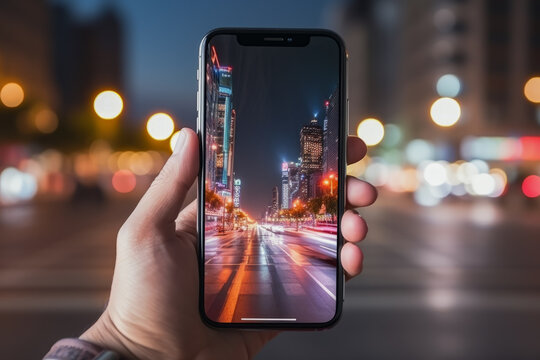 Close up of person hand holding smartphone that is shooting cityscape video in background of blurred city. Travel concept of vacation and holiday.