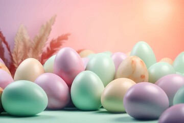 Fototapeta na wymiar Colorful Easter decoration banner. Spring festive holiday composition with pastel colored eggs. Generate ai