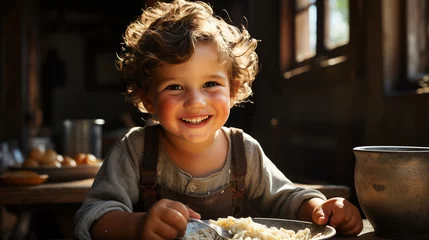 Zelfklevend Fotobehang Happy boy eating porridge. © andranik123