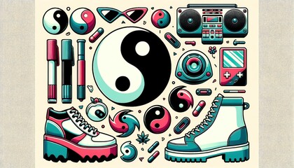 A vibrant and dynamic illustration of retro icons, featuring intricate ink drawings within a circle, evoking feelings of nostalgia and playfulness