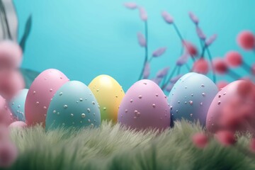 Fototapeta premium Easter eggs decoration composition. Traditional spring Easter holiday with multicolored eggs. Generate ai