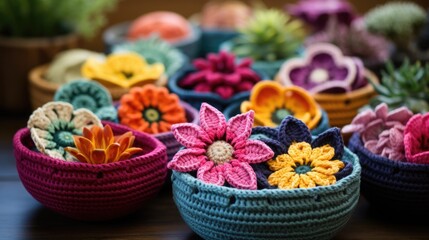 National Crochet Month concept. Children's cute toys-crafts flowers in pot crocheted with threads.