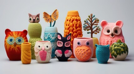 National Crochet Month concept. Children's cute toys-crafts forest animals crocheted with threads.
