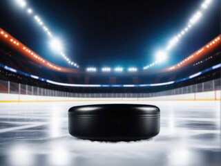 hockey puck on ice rink, blur illuminated night indoor sport arena