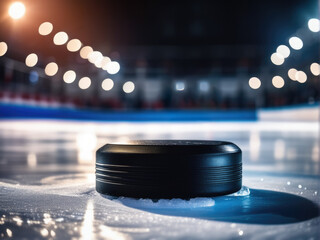 hockey puck on ice rink, blur illuminated night indoor sport arena