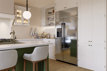 Chrome plated large double door refrigerator in the kitchen. 