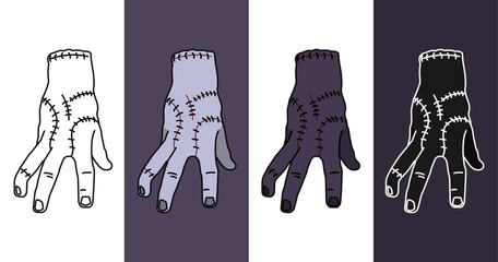 halloween vector illustration of zombie hand. scary cartoon illustration of cut hand. monster hand with scars in purple and black colors. wednesday thing set