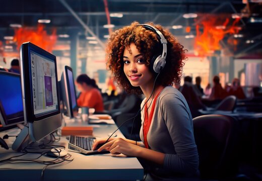 Creative Pulse: The Heartbeat of Modern Design Workspaces - In a design office, a talented graphic artist immerses herself in her craft, surrounded by the lively dynamics of collaborative creativity.