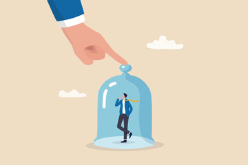 Employee or customer retention, reduce churn rate or talent management, company loyalty or CRM customer relationship management concept, businessman hold glass to retain small employee inside.