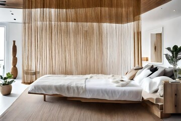modern interior where a delicate and stylish string curtain serves as an elegant partition, separating the sleeping area from the white living space.
