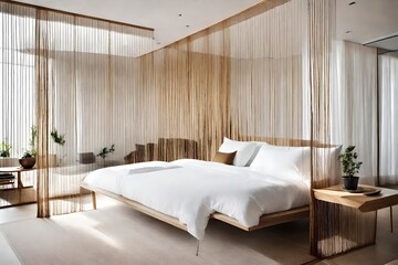 modern interior where a delicate and stylish string curtain serves as an elegant partition, separating the sleeping area from the white living space.