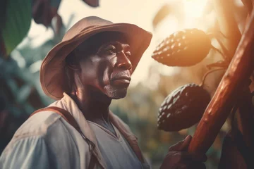Zelfklevend Fotobehang Cocoa farm harvesting season. Farmer picking fresh ripe cocoa beans. Generate ai © nsit0108