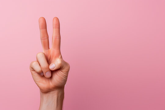 Generative AI Image of Two Fingers Symbolize Peace with Blank Space on Pink Pastel Background