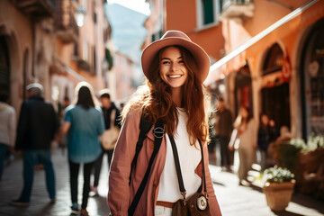 young woman  traveller alone, she explores an enchanting old town during her holiday abroad, haapy holiday - obrazy, fototapety, plakaty