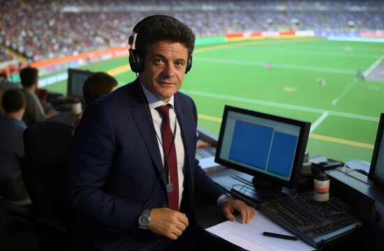 Commentator on final football match. Soccer game analyst overlooking the stadium. Generate ai
