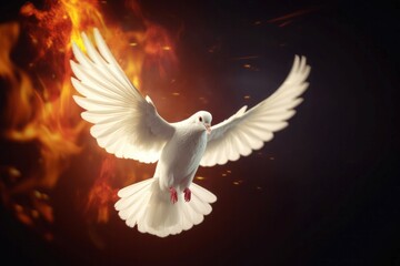 Flying white dove with fire marks on wings. Burning orange flight of pure pigeon bird. Generate ai