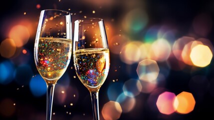 Sparkling champagne flutes in an abstract celebration