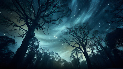 Obraz premium Spooky forest scene with silhouettes of giant trees with green mist and bright night sky showing cosmos and stars
