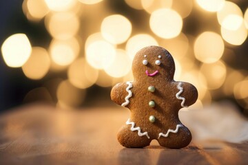 Obraz na płótnie Canvas Gingerbread man cookie on light background. Traditional homemade dessert for festive Christmas party. Generate ai