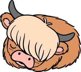 Baby highland cow sleeping, animal cartoon hand drawing, mini cow