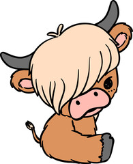 Baby highland cow sitting, animal cartoon hand drawing, mini cow