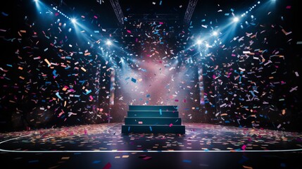 Podium with colorful confetti in the air - obrazy, fototapety, plakaty