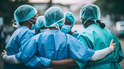 Medical team celebrating the recovery of a patient after a long surgery - obrazy, fototapety, plakaty