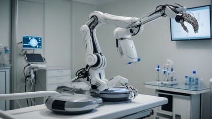 病院で患者を手術する高精度な自動ロボットアーム。 モニターでバイタルを表示｜High precision automatic robot arm operating on patients in hospital. Vitals are displayed on the monitor. Generative AI - obrazy, fototapety, plakaty