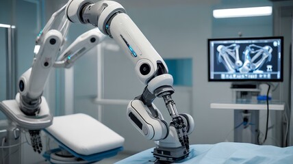 病院で患者を手術する高精度な自動ロボットアーム。 モニターでバイタルを表示｜High precision automatic robot arm operating on patients in hospital. Vitals are displayed on the monitor. Generative AI