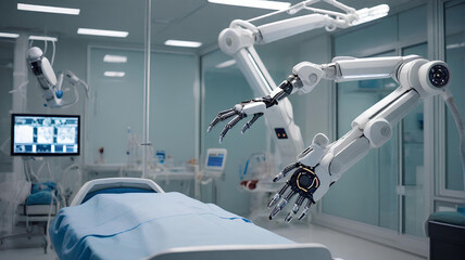 病院で患者を手術する高精度な自動ロボットアーム。 モニターでバイタルを表示｜High precision automatic robot arm operating on patients in hospital. Vitals are displayed on the monitor. Generative AI