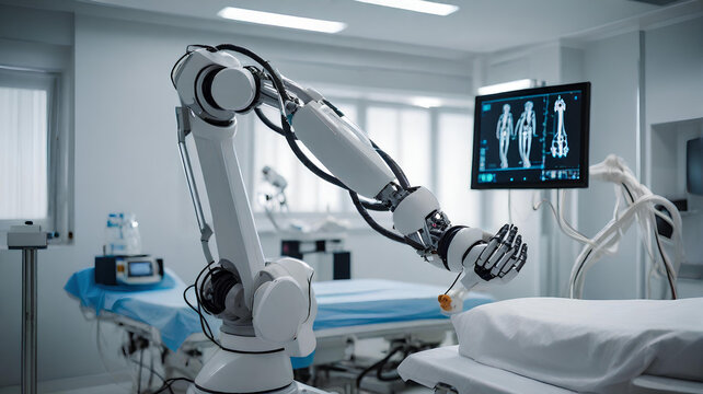 病院で患者を手術する高精度な自動ロボットアーム。 モニターでバイタルを表示｜High precision automatic robot arm operating on patients in hospital. Vitals are displayed on the monitor. Generative AI