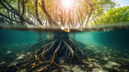 Mangrove tree and roots under water surface green foliage. mangrove forest. - obrazy, fototapety, plakaty