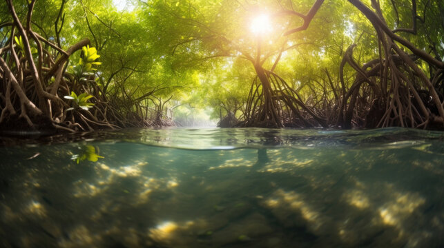 Mangrove forest, Underwater photograph of a mangrove forest with flooded trees and an underwater ecology.