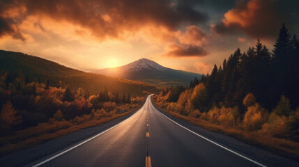 Road leading to autumn mountain scenery. - obrazy, fototapety, plakaty