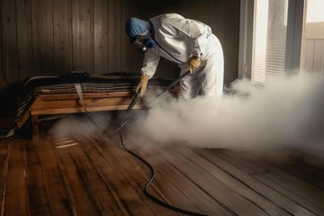 Insect pest control worker disinfecting room. Man in uniform spraying with chemical disinfectant. Generate ai